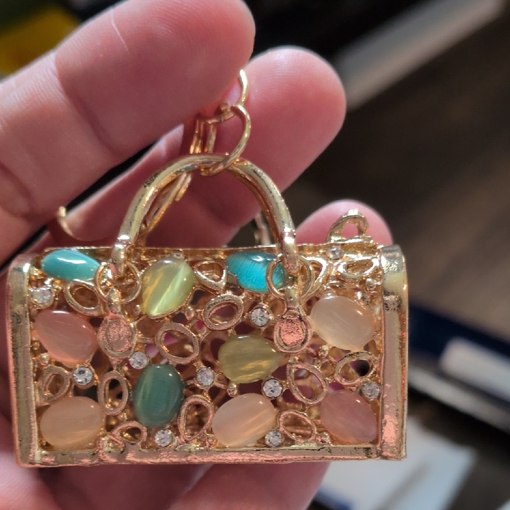Chic Gold and Multicolor Key Holder Bag Charm Bag With Different Colored Glass